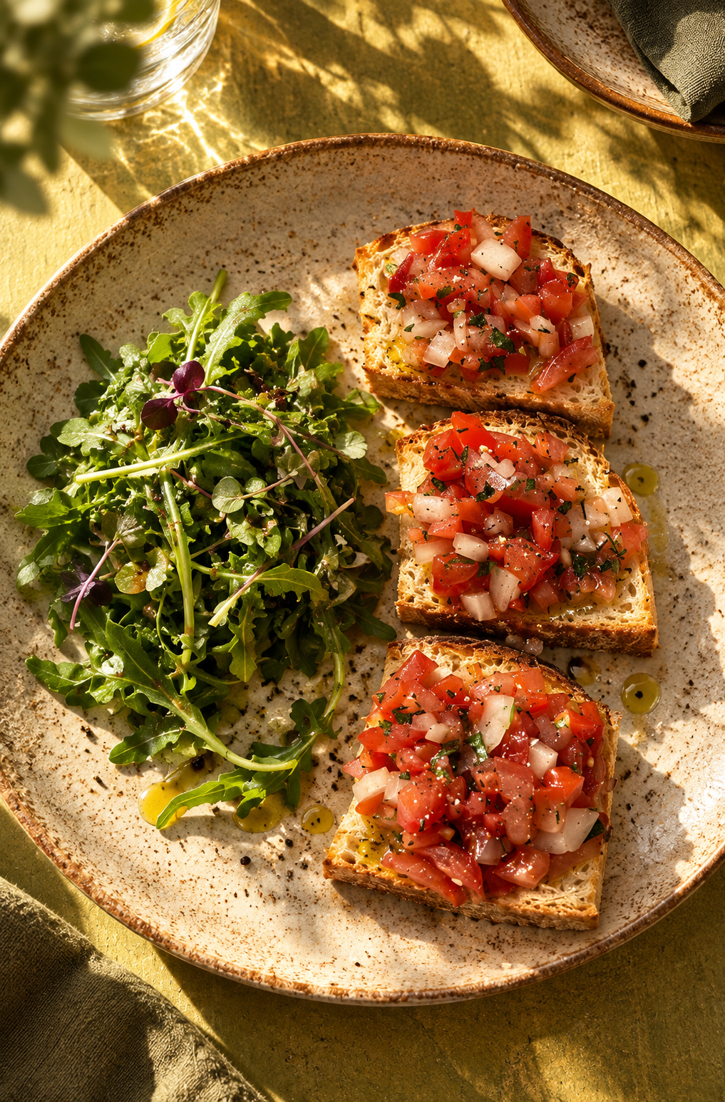 Italienische Bruschetta mit frischen Tomaten und Rucolasalat im Restaurant Al Dente in Berlin-Prenzlauer Berg