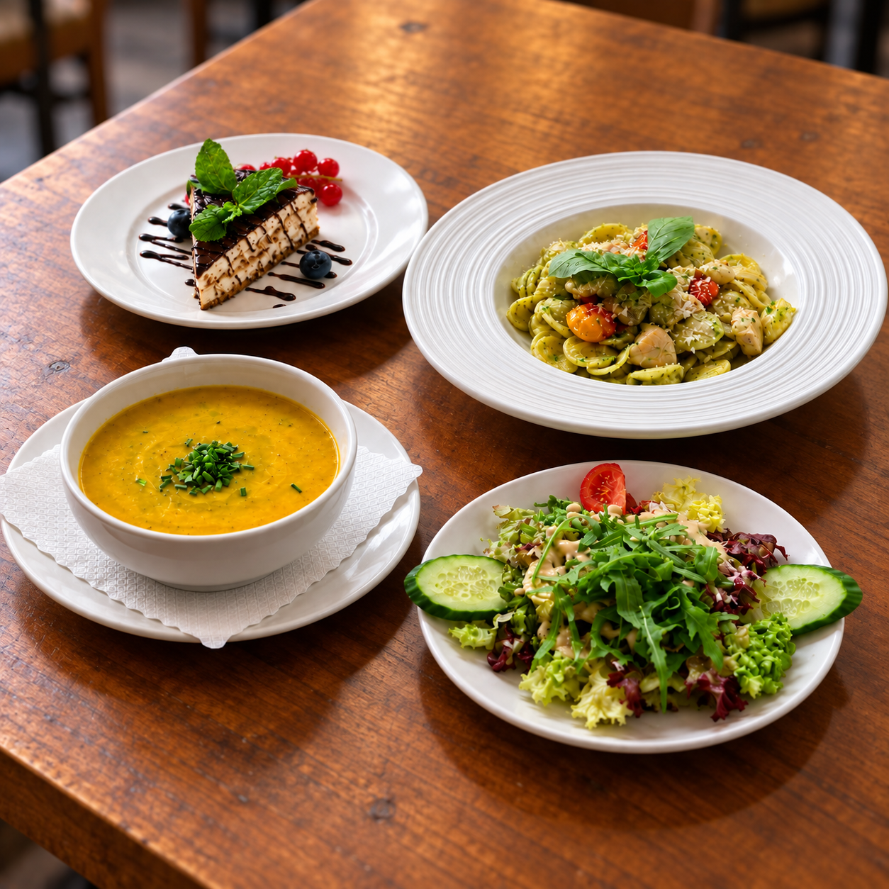Mittagsgerichte mit Suppe, Salat, Pasta und Dessert im Restaurant Al Dente in Berlin-Prenzlauer Berg