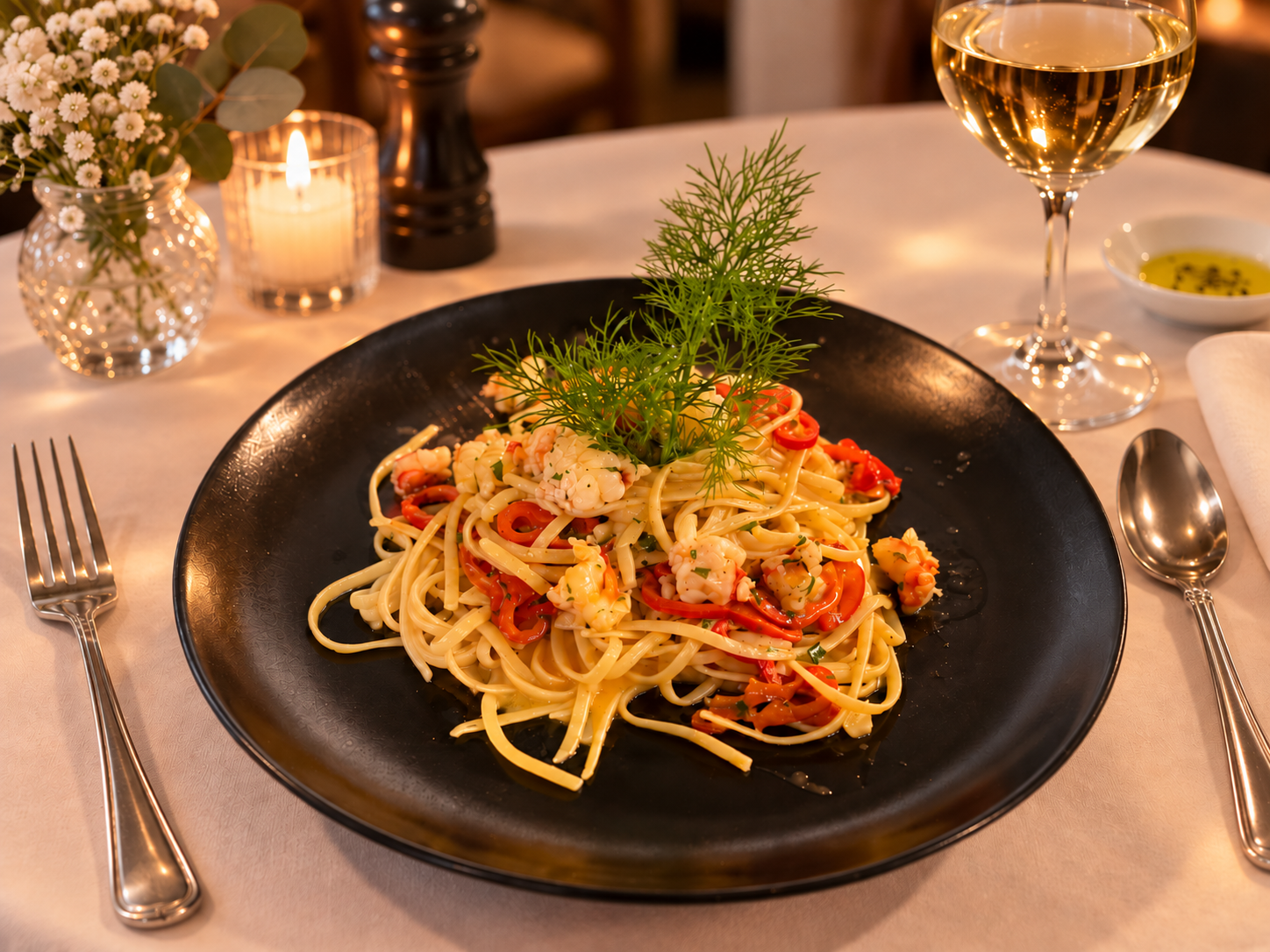 Spaghetti mit Scampi und rote paprika, serviert im italienischen Restaurant Al Dente in Berlin