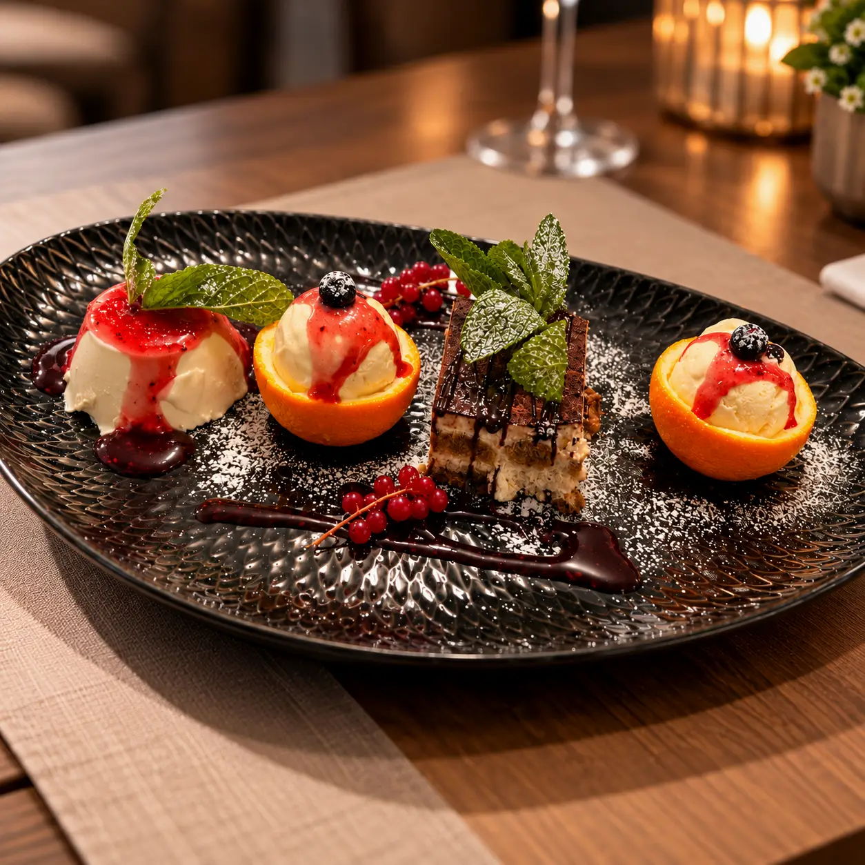 Italienische Dessertvariation mit Früchten, Beeren und Minze, serviert im Restaurant Al Dente in Berlin