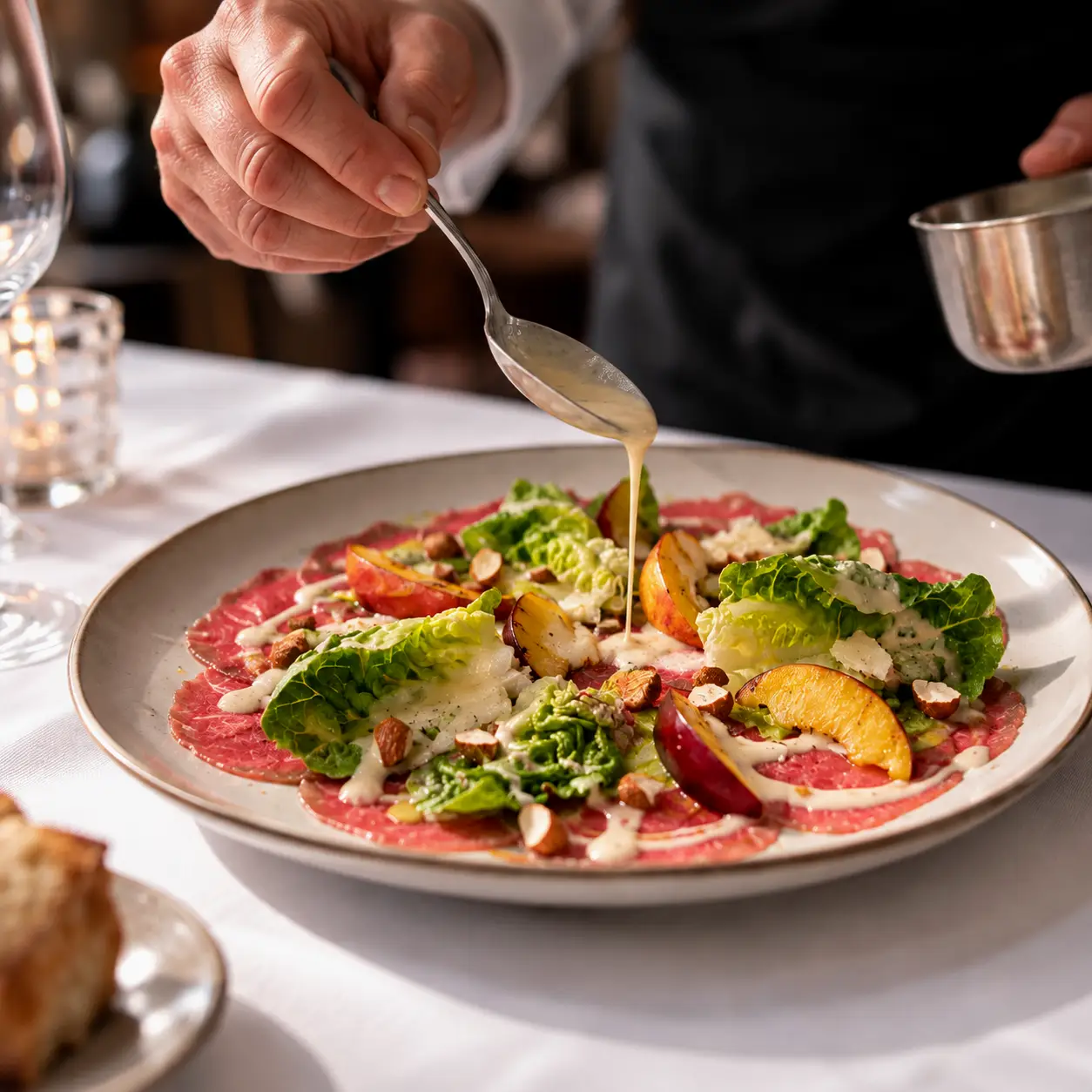 Fein angerichtetes Carpaccio mit Salat, Früchten und Dressing im italienischen Restaurant Al Dente