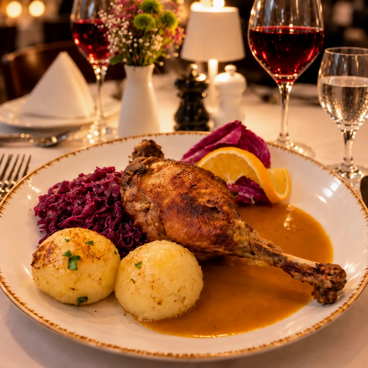Festliches Geflügelgericht mit Kartoffelklößen, Rotkohl und Sauce im Restaurant Al Dente Berlin